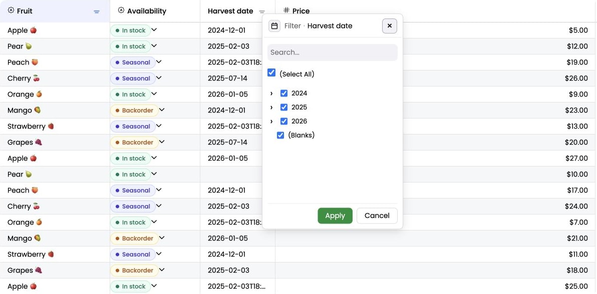 Excel-style selection filter with a mini-filter, checked Select All control, collapsed year values, a Blanks option, and Apply and Cancel buttons.