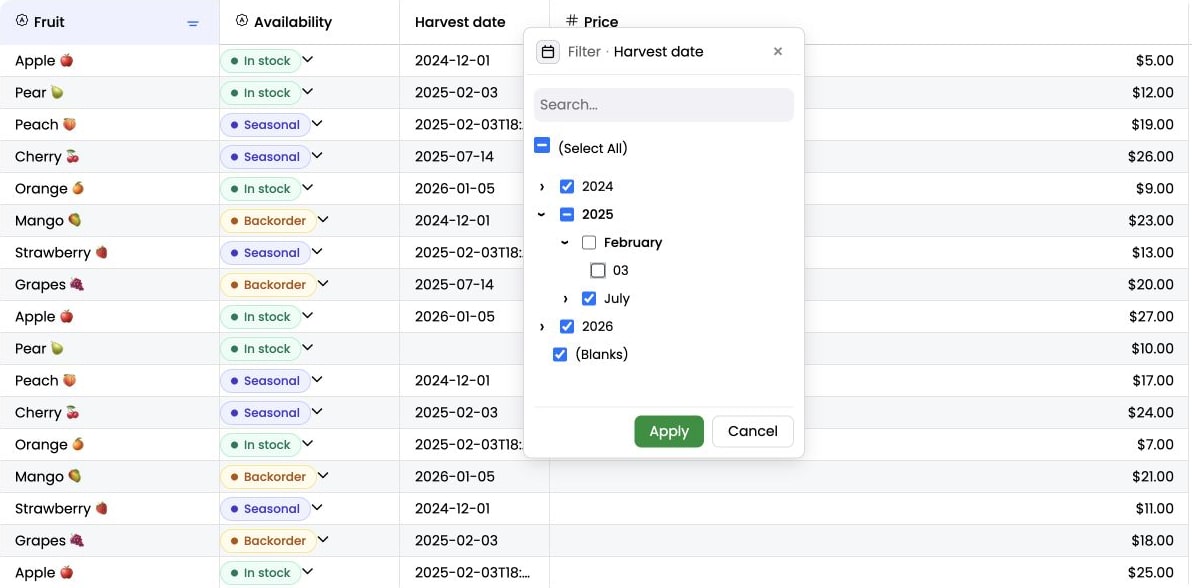 Excel-style date checklist with 2025 and February expanded to day 03, and mixed-state checkboxes on Select All and the 2025 parent.