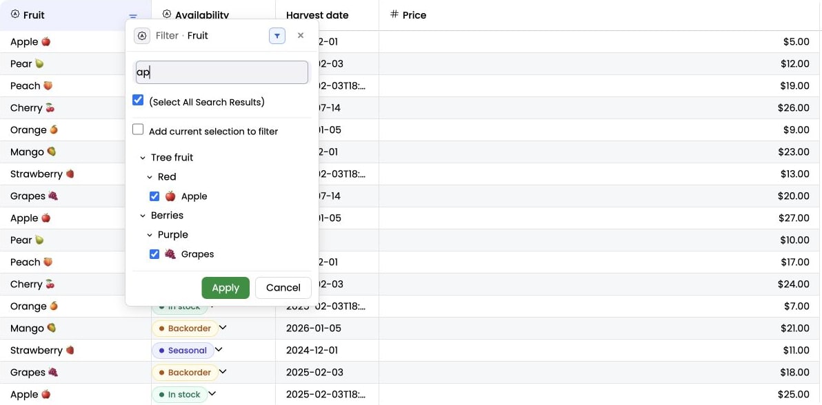 Excel-style selection filter searching for ap, with Select All Search Results, Add current selection to filter, and matching Apple and Grapes options.