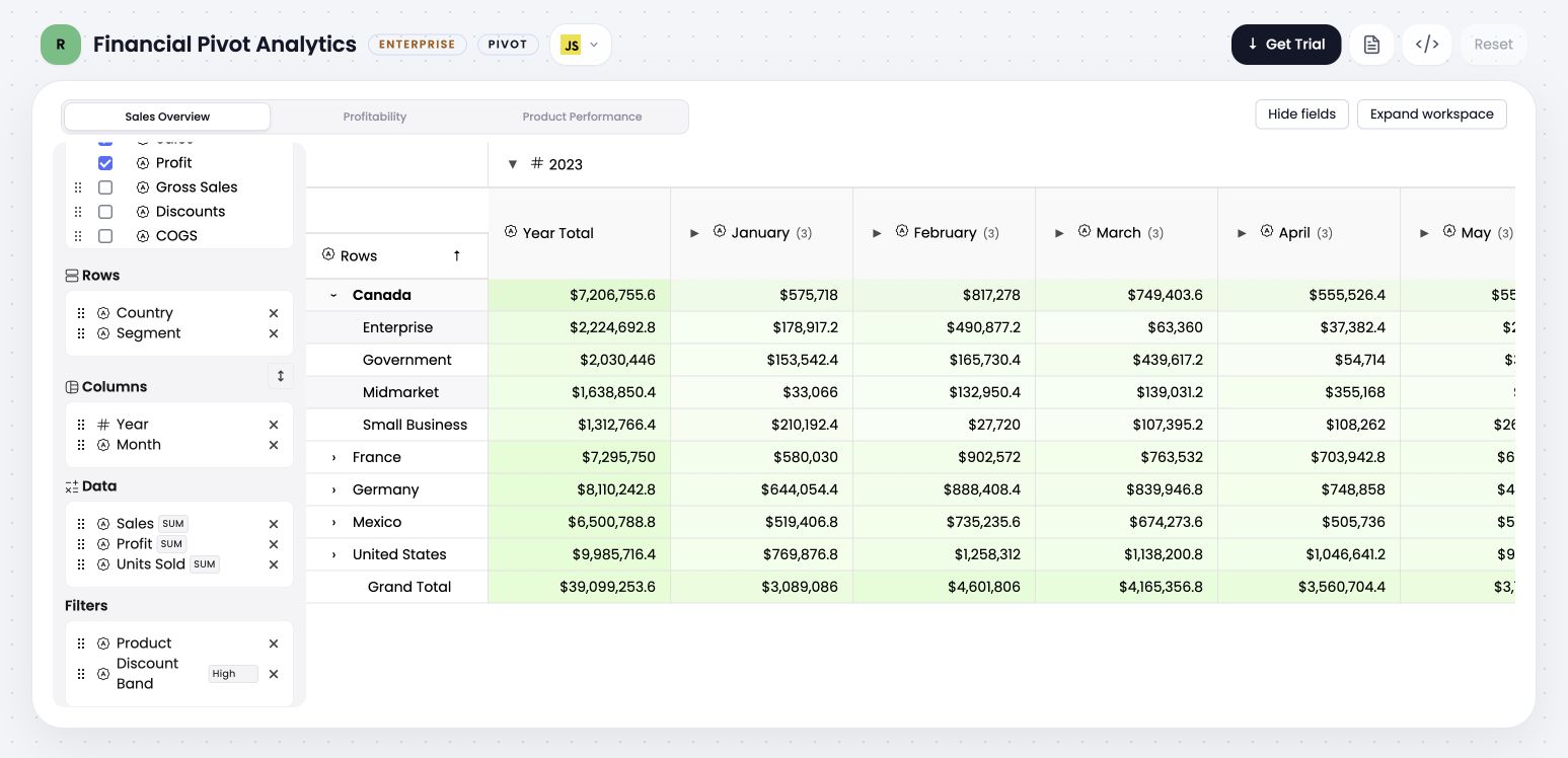 Financial Pivot with 2023 expanded to a Year Total subtotal followed by individually collapsed month columns.